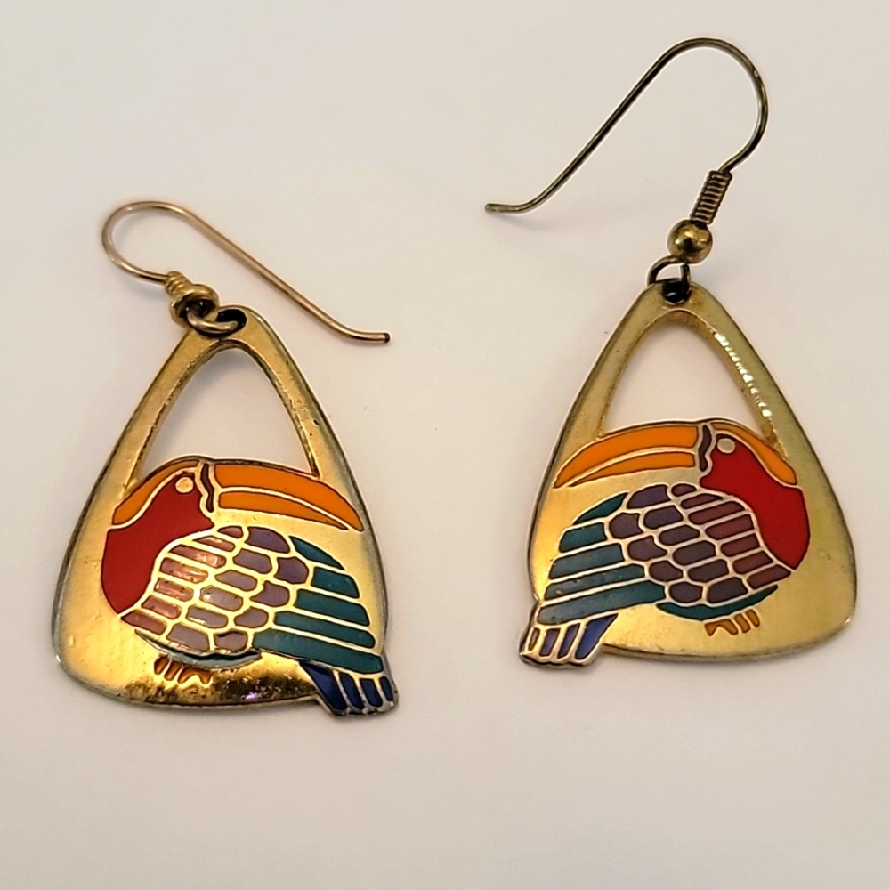 Vintage Laurel Burch Toucan Dangle Earrings - Gold Tone